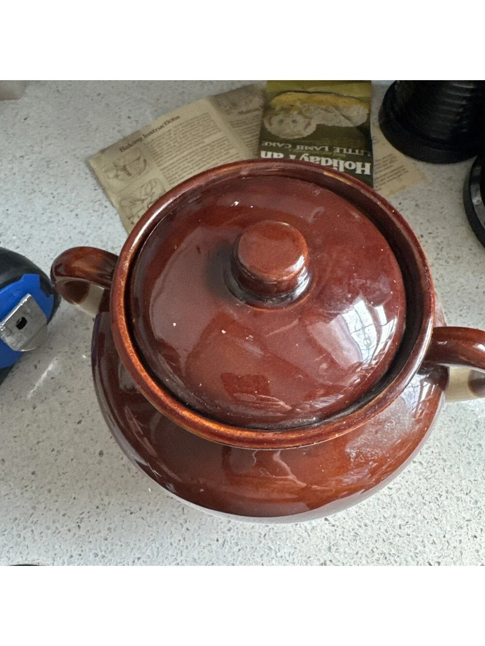 VTG McCoy #342 Brown / Cream Glazed Stoneware Bean Pot w/ Lid Ovenproof USA